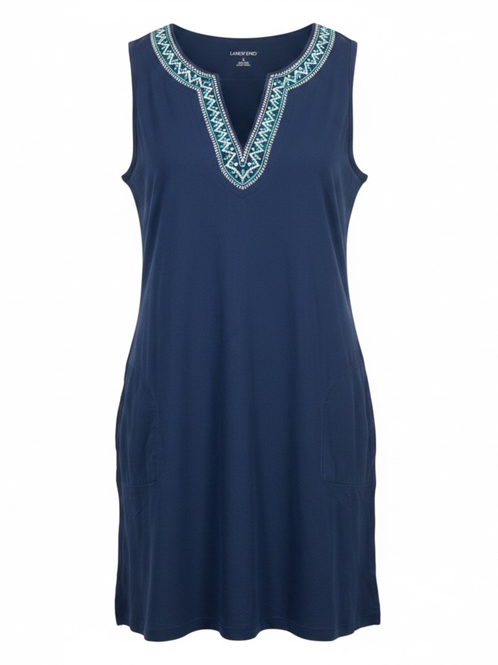 Lands End Blue Smock Dress Embroidered V-neck Medium 10-12